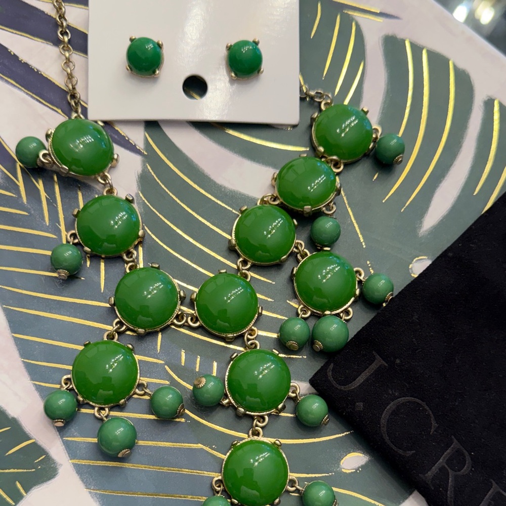 J. Crew Green Statement Bib Necklace with Matching Stud Earrings